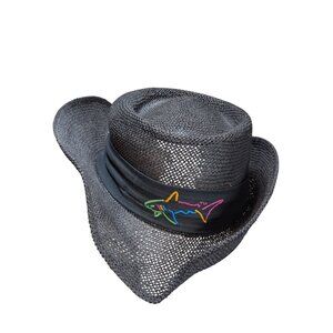 Greg Norman Black Straw Hat With Embroidered Shark Logo & Band Accent - Regular